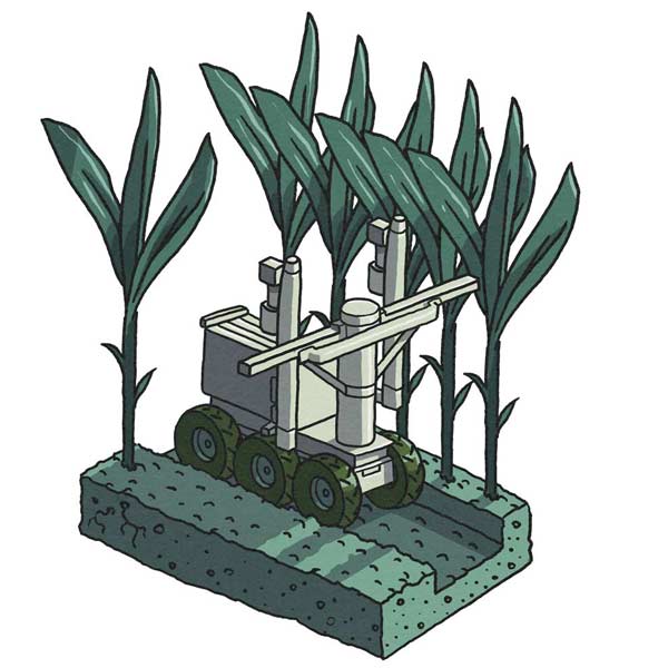 An illustration of a prototype robot that can place and remove stakes in fields.