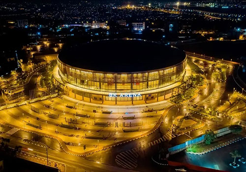 A photo of the BK Arena at night.