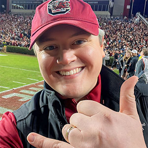 Patrick Flynn gives the spurs up sign in Williams-Brice Stadium..