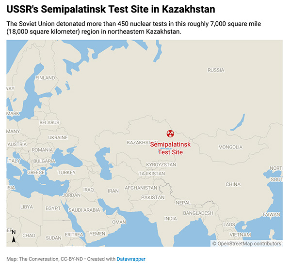 A largescale site map of the Semipalatinsk test site in Kazakhstan and surrounding countries with land colored in beige and bodies of water in blue.