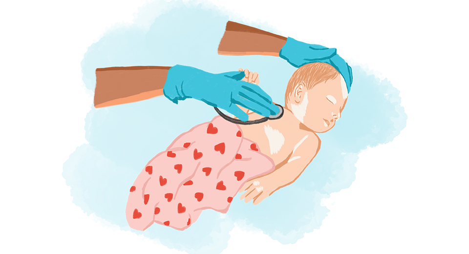 Gloved nurse's hands using a stethoscope on a newborn baby wearing a blanket. 