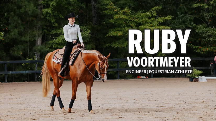 A student-athlete rides a horse in an arena. Text overlay says: Ruby Voortmeyer, Engineer, Equestrian Athlete.