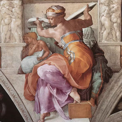 A fresco featuring a maiden in orange and lavender gown