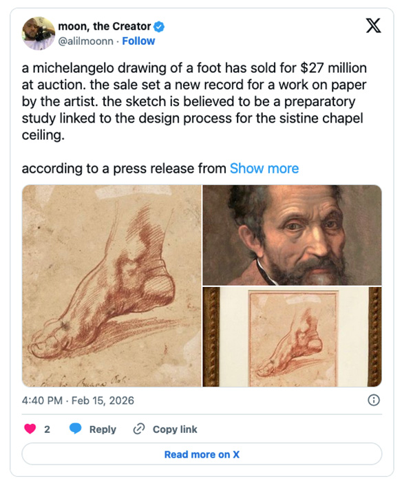 A screen shot of a social media post commenting on the drawing's recent sale.