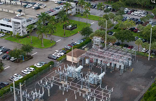 An aerial view of a power substation
