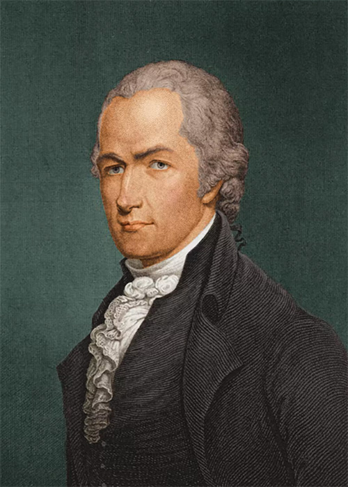 A painted color portrait of Alexander Hamilton, a white man with light gray wig, black jacket and ruffled white blouse.