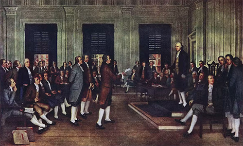 A color painting depicting formal debating by numerous men in Colonial dress.