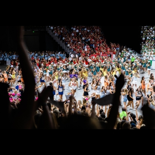 A crowd of thousands of women cheer at Colonial Life Arena on 2025 Bid Day. 