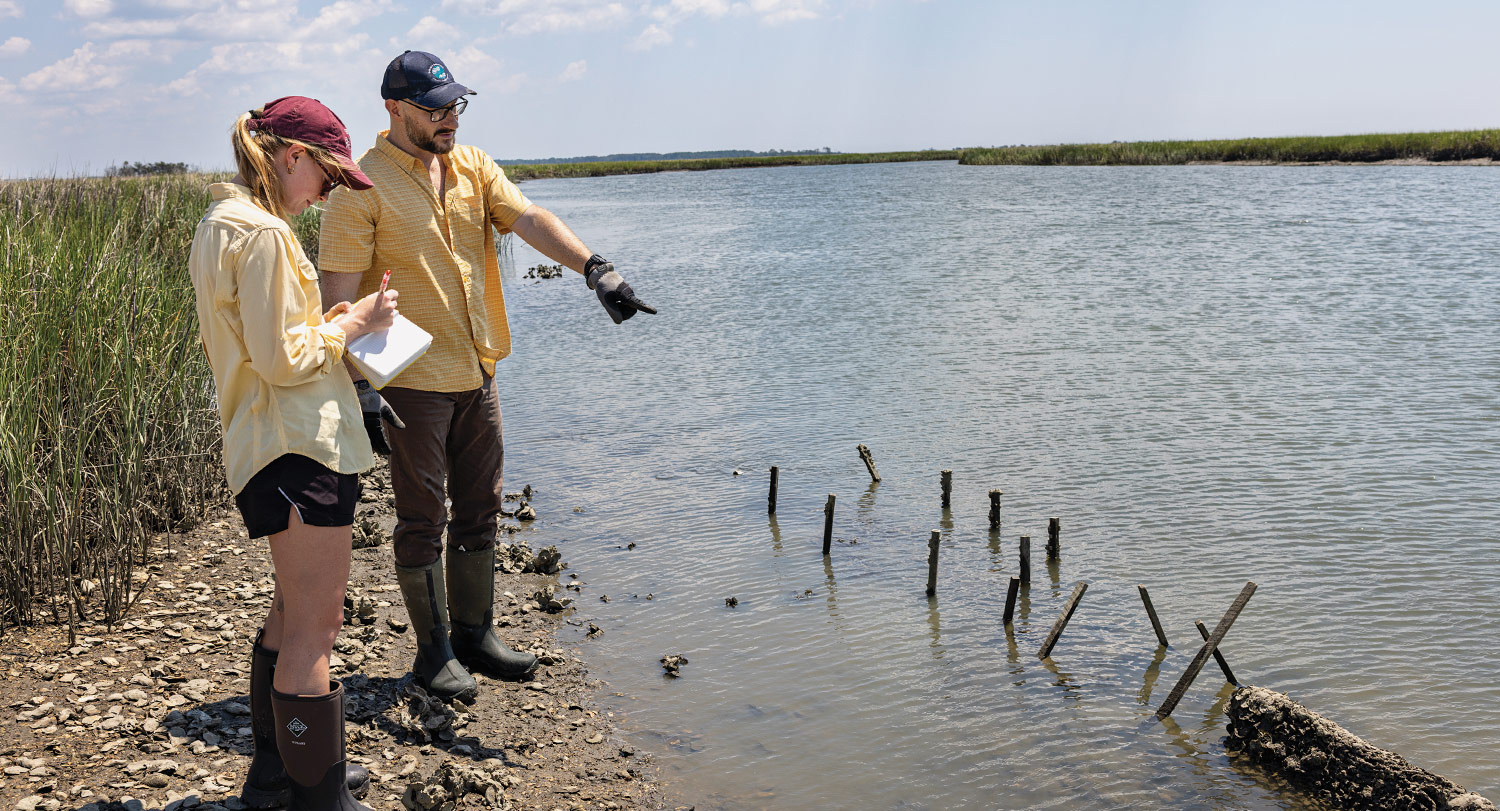 Two scientists stand at the edge of shallow water where stakes mark an oyster growth site. A man points at the water while a woman takes notes.
