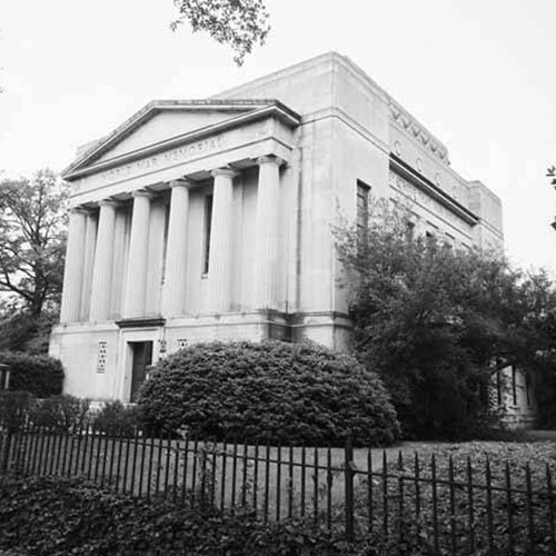 A black and white image of the War Memorial facade
