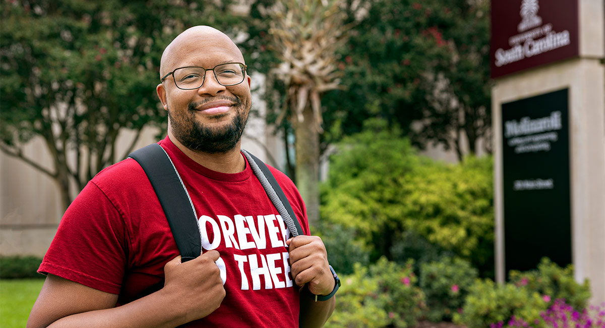 Kevin-Michael Harrell is photographed outside engineering school on USC campus
