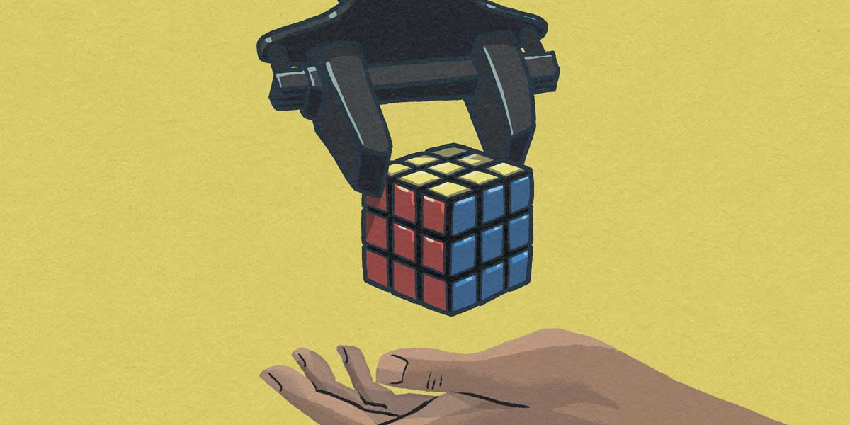 An illustration of a robot hand giving a Rubiks cube to a human hand.