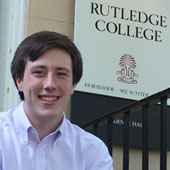 Algernon Sydney Sullivan Award winner Connor Bain sits on the stoop of Rutledge College, the senior's home at Carolina for the past two years.
